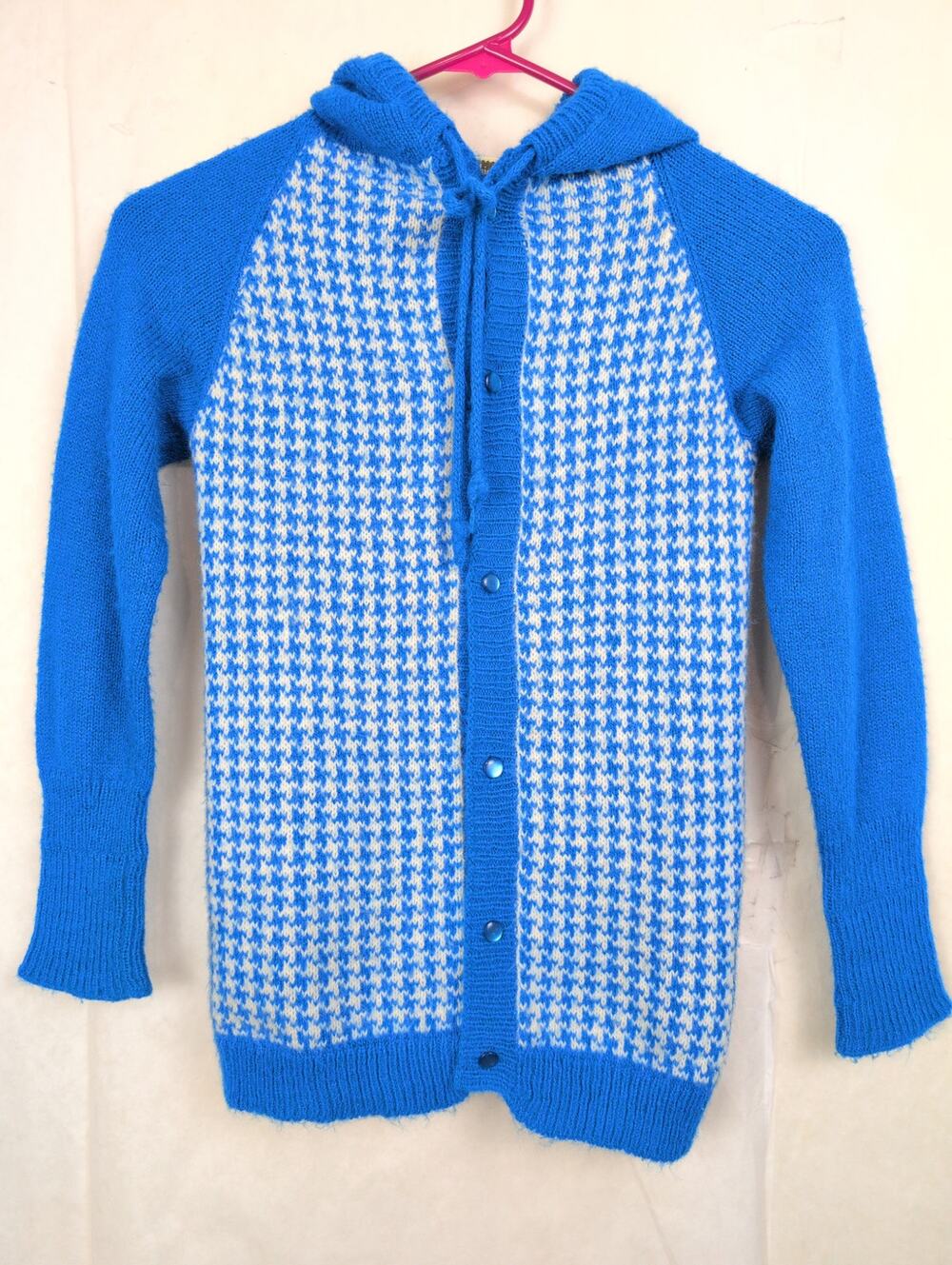 Vintage Jane Riviotta blue houndstooth handmade hooded cardigan sweater Size M